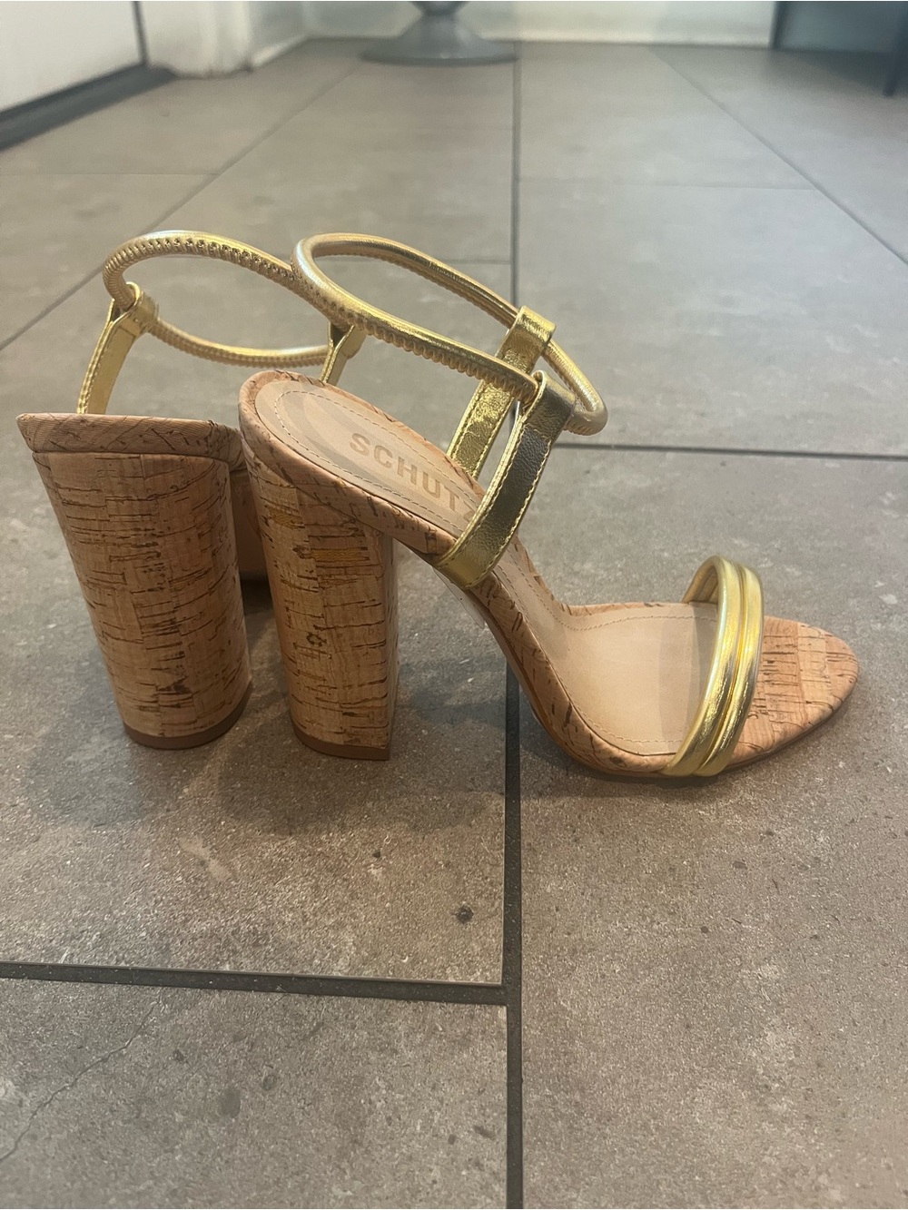 SCHUTZ Gold Metallic Cork Block Heel Sandals with Ankle Strap